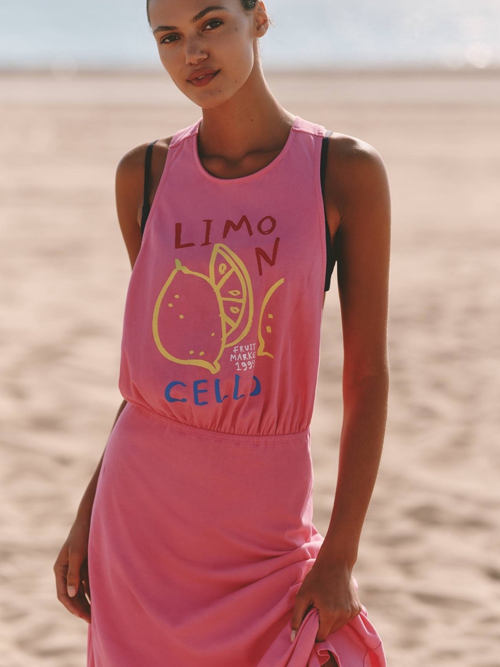 Anthropologie Pink Graphic Maxi Dress with Yellow Lemon Motif